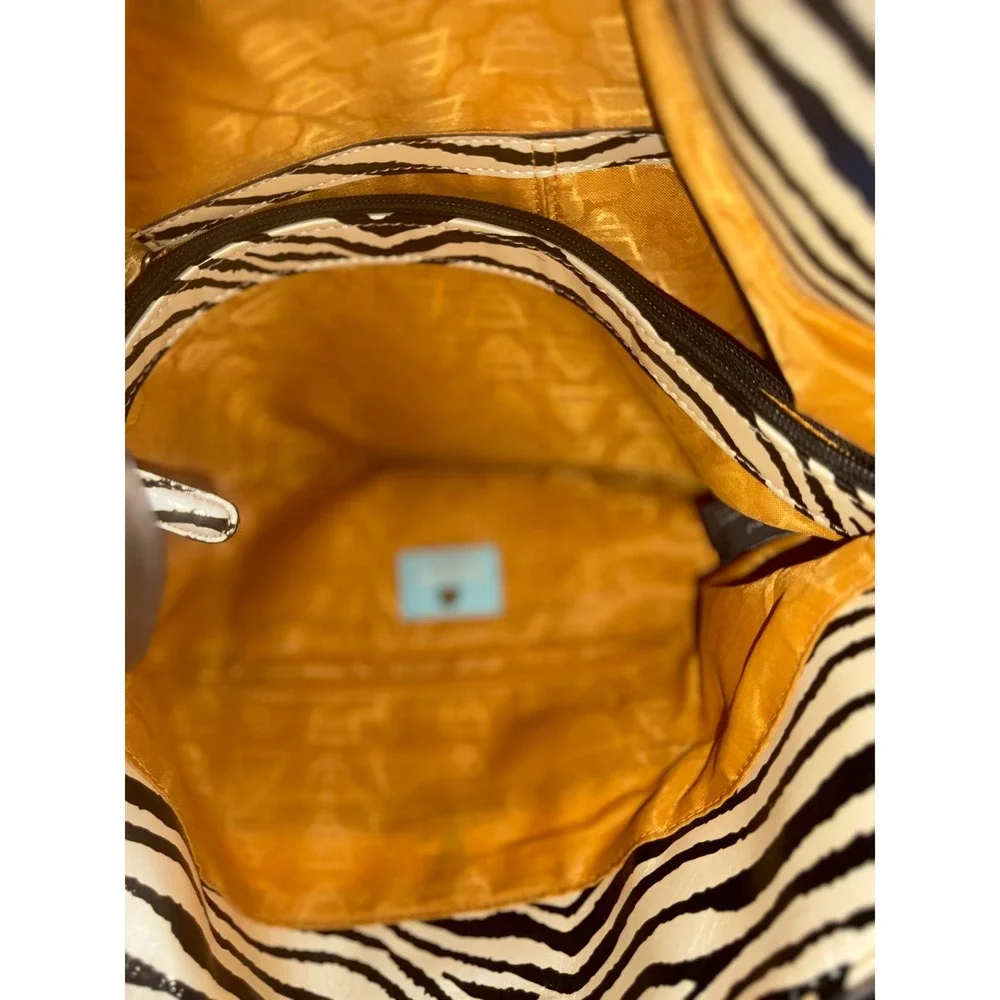 Kathy Van Zeeland Zebra Print Hobo Bag Metallic Pewter Trim Y2K Animal Print